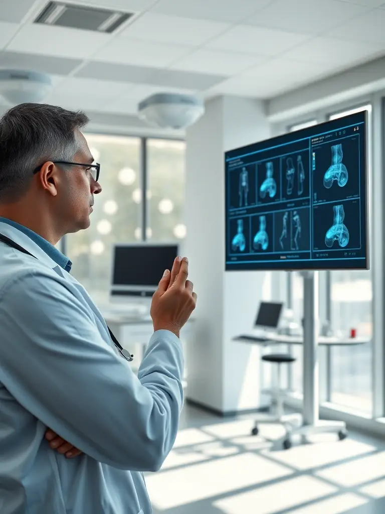 A doctor using AI-powered diagnostic tool to analyze a patient's medical image, showcasing the integration of technology in healthcare.