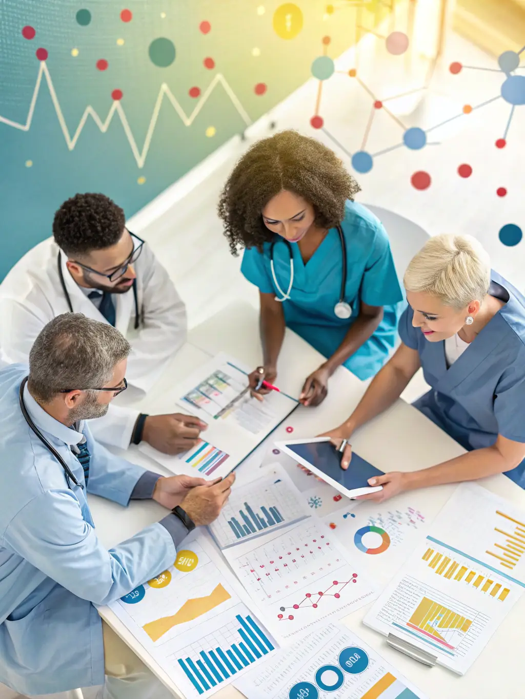 A diverse team of medical professionals and AI specialists collaborating on developing innovative diagnostic solutions.
